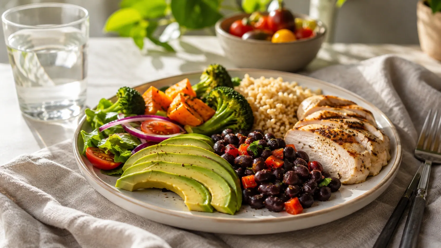 Refeição equilibrada com abacate, vegetais, grãos e outros alimentos integrais.
