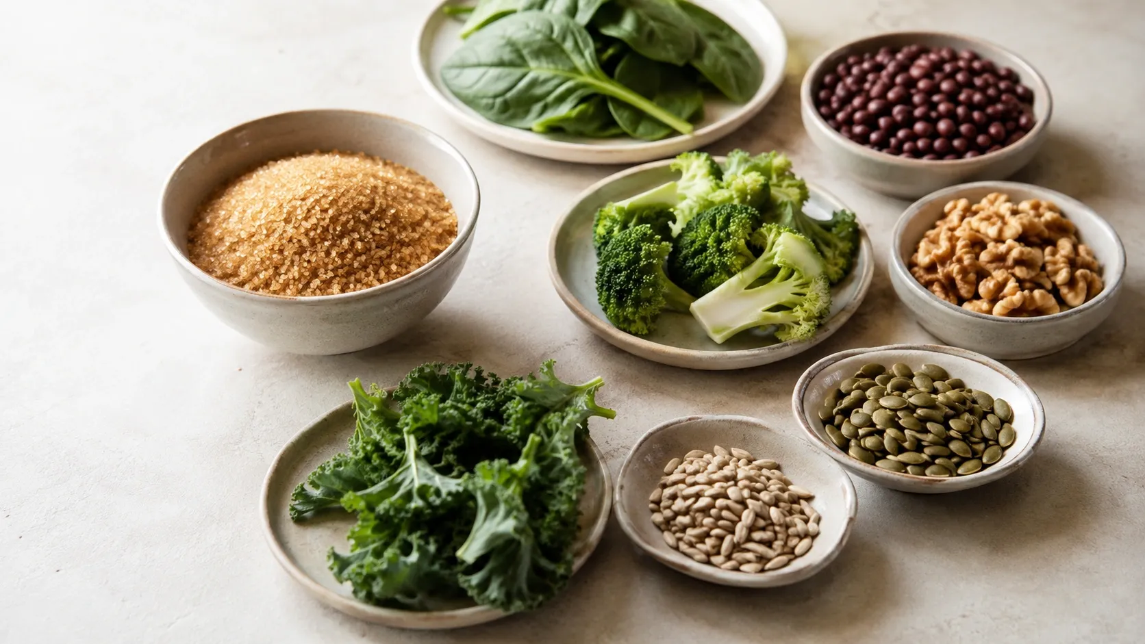 Açúcar mascavo ao lado de feijões, folhas verdes, sementes e castanhas, alimentos mais ricos em micronutrientes.