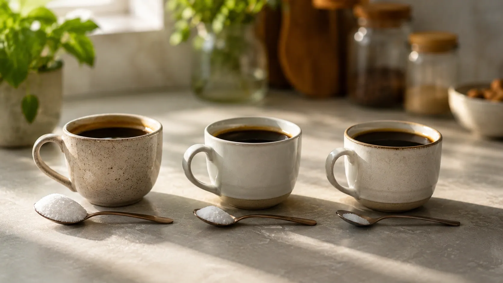 Três xícaras de café acompanhadas por quantidades progressivamente menores de açúcar.
