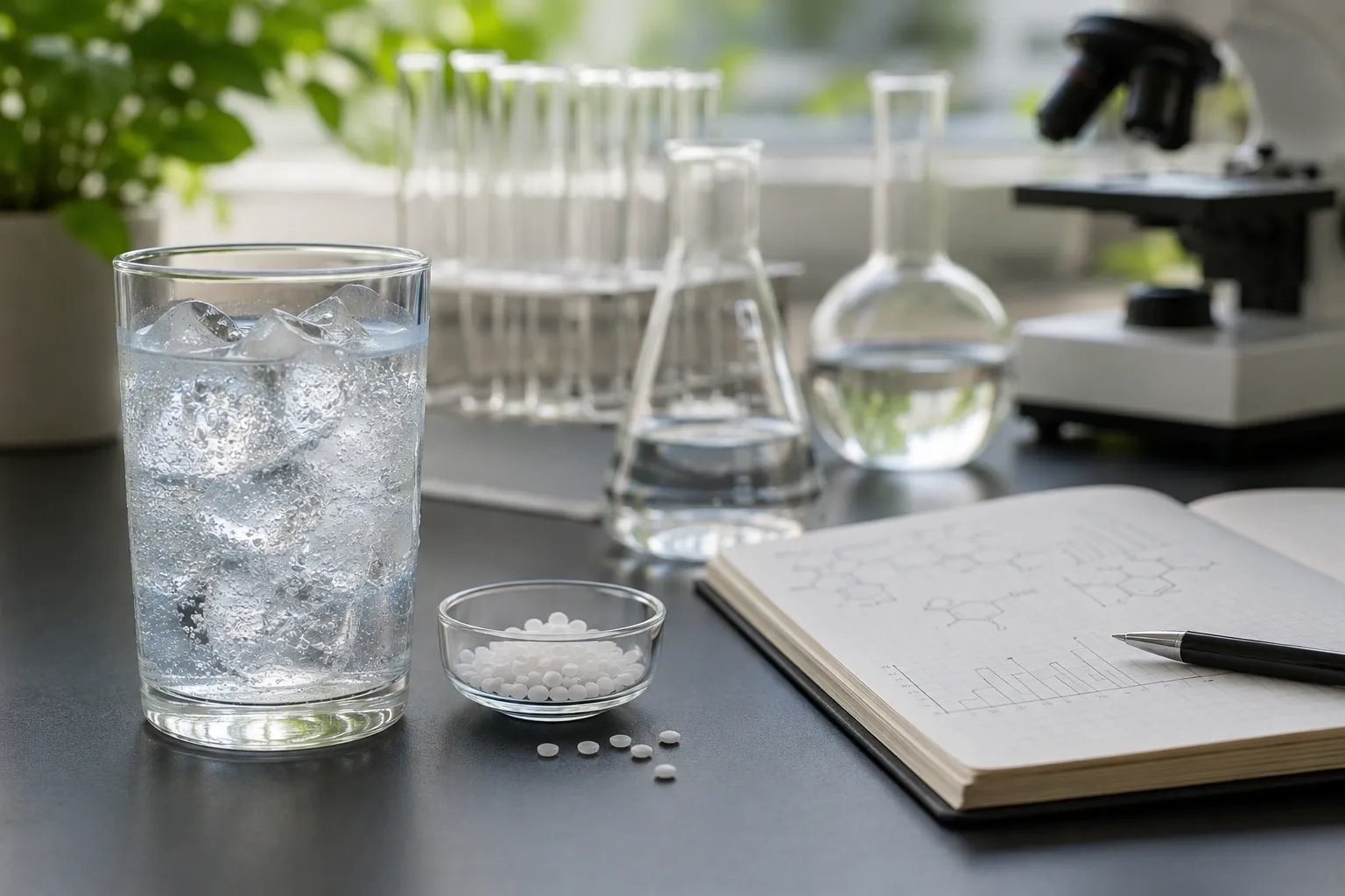 Bebida sem marca ao lado de elementos de laboratório em uma composição sobre avaliação científica de adoçantes.