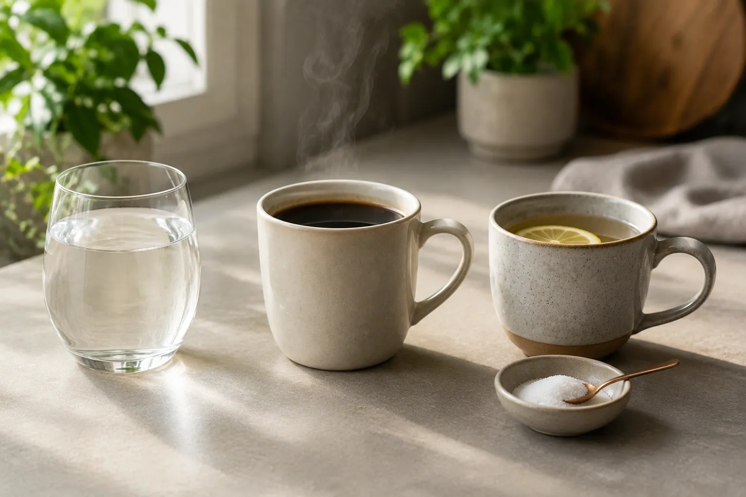 Água, café sem açúcar e outra bebida dispostos lado a lado em uma mesa clara.