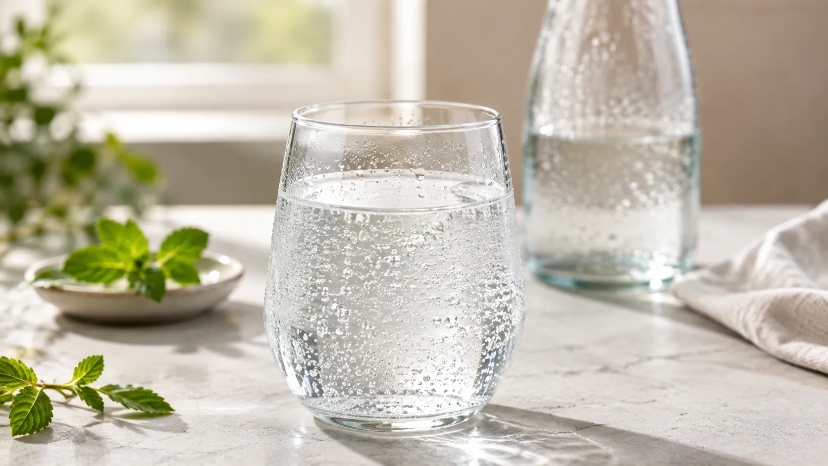 Copo transparente com água com gás e pequenas bolhas subindo, sobre uma superfície clara e iluminada naturalmente.