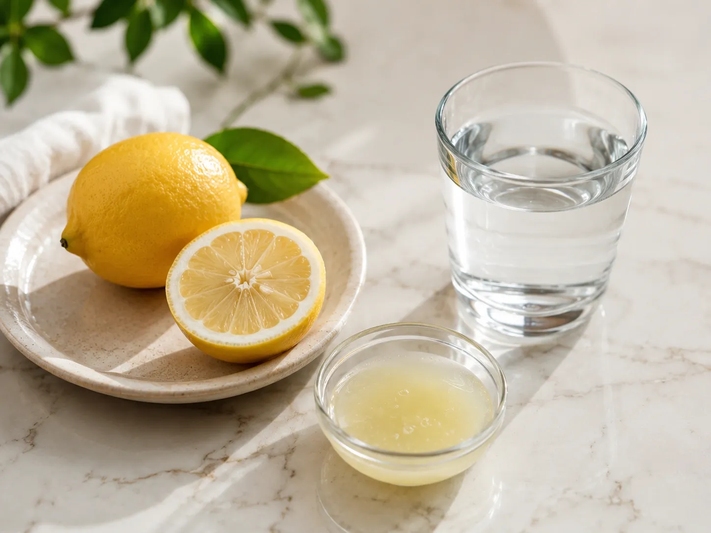 Limão fresco cortado, pequena quantidade de suco e copo de água usados para ilustrar a contribuição nutricional da bebida.