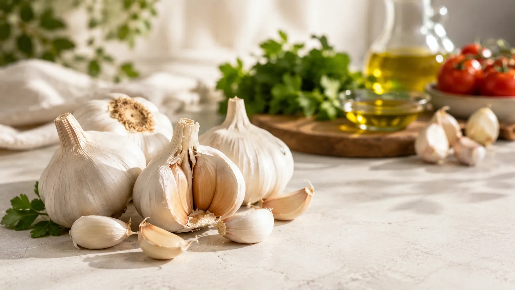 Dentes e bulbos de alho sobre uma superfície clara em composição editorial associada à alimentação e saúde cardiovascular.