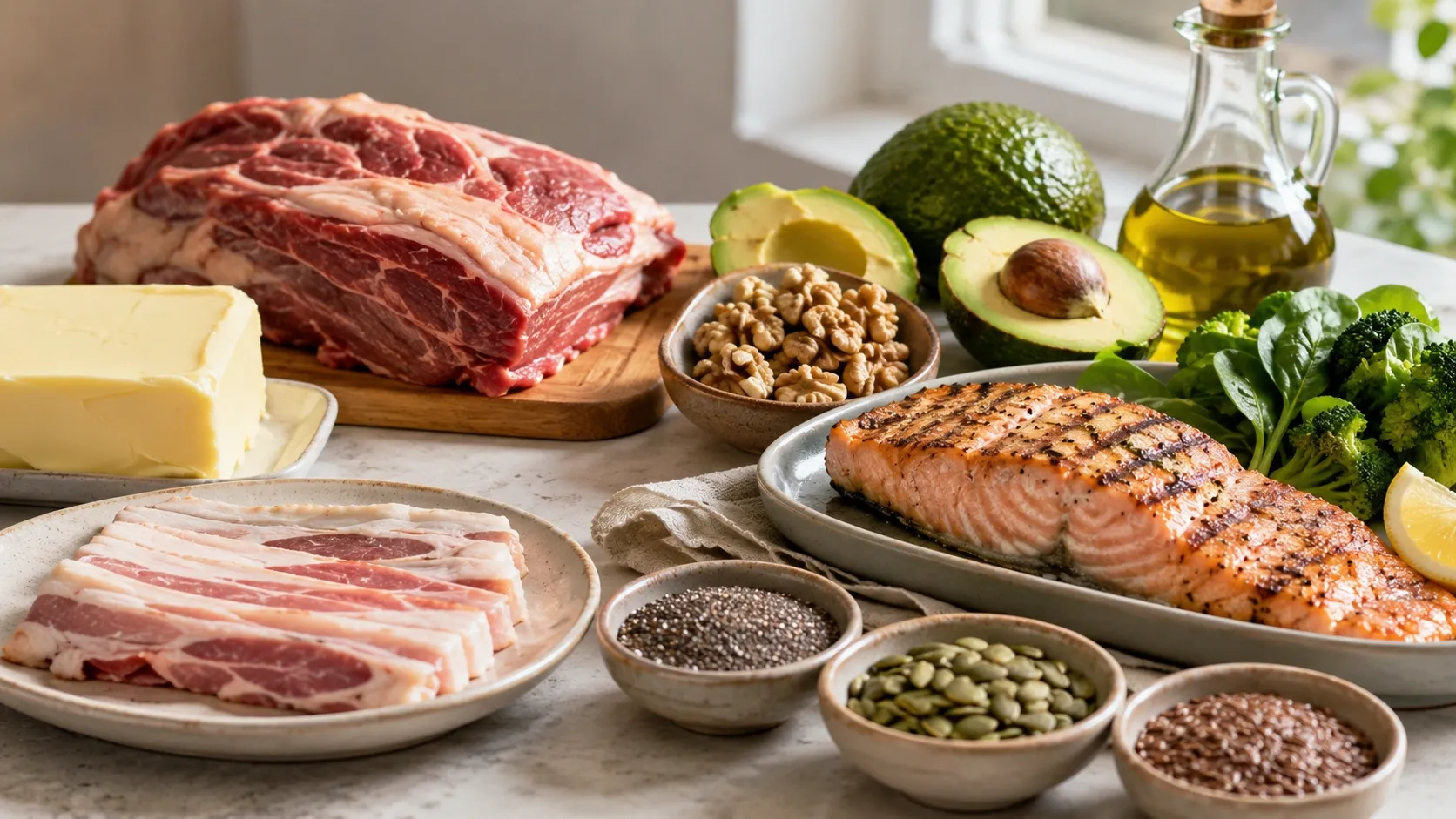 Alimentos ricos em gordura saturada ao lado de azeite, abacate, castanhas, sementes e peixe, representando possíveis substituições alimentares.