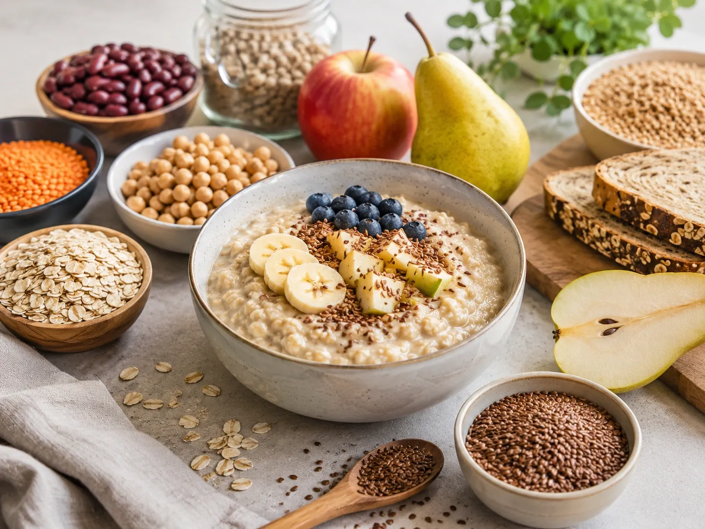 Aveia, frutas, leguminosas e grãos integrais reunidos como exemplos de alimentos ricos em fibras.