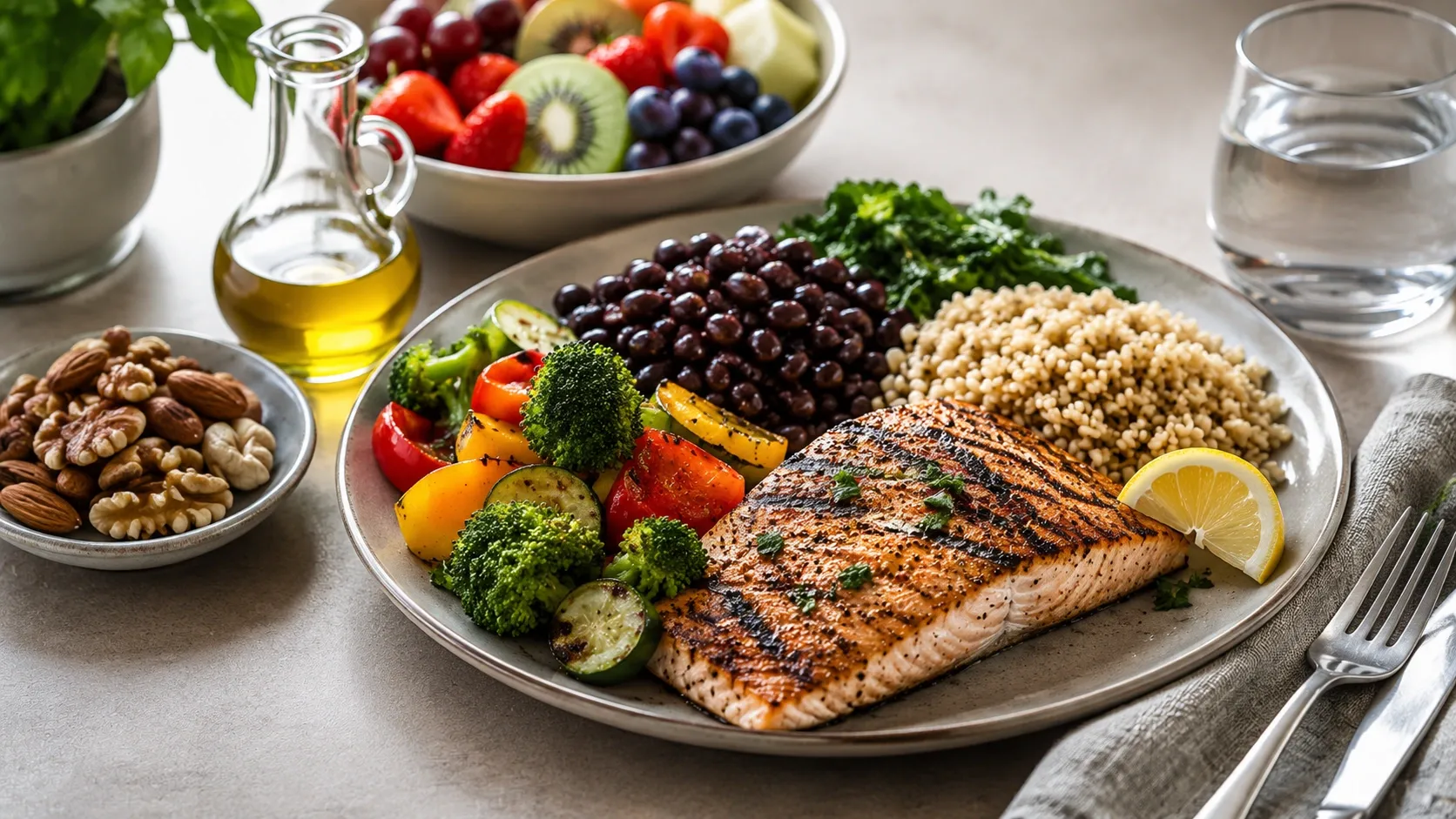 Refeição equilibrada com vegetais, leguminosas, grãos integrais, peixe, frutas, castanhas e azeite.