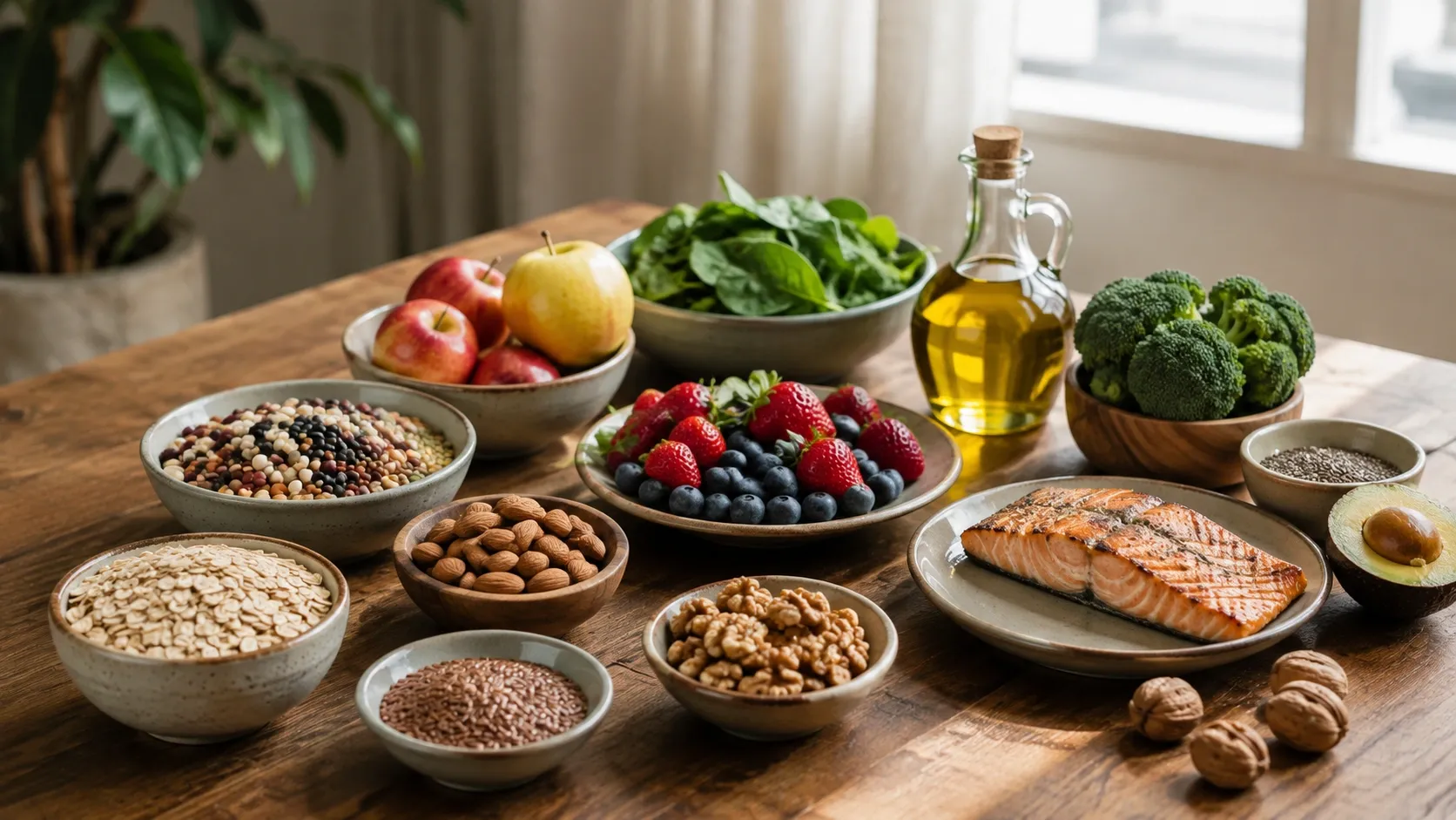 Mesa com aveia, leguminosas, frutas, castanhas, azeite e outros alimentos associados a um padrão alimentar favorável à saúde cardiovascular.
