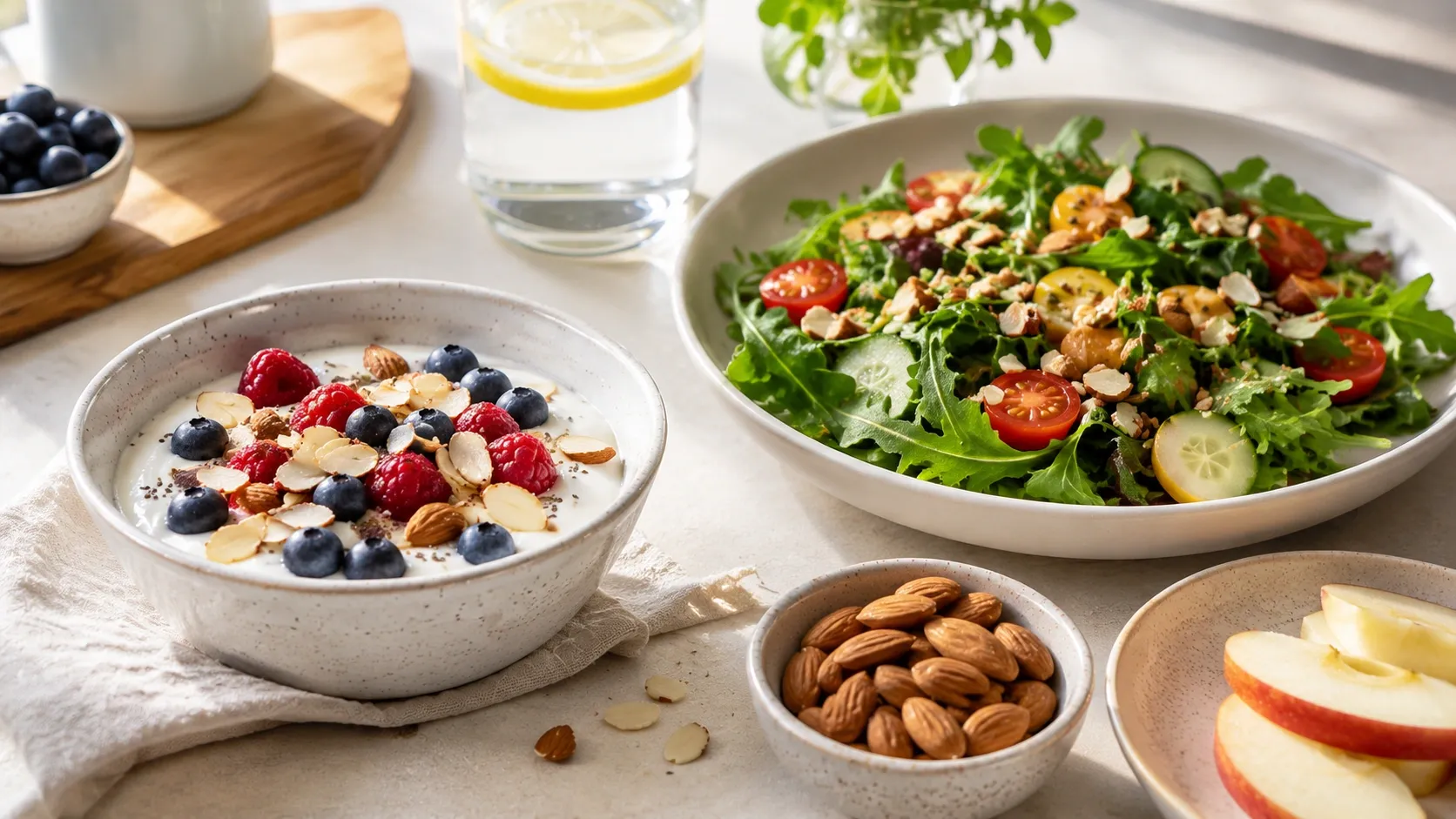 Amêndoas utilizadas em iogurte, salada e como lanche acompanhado de fruta.