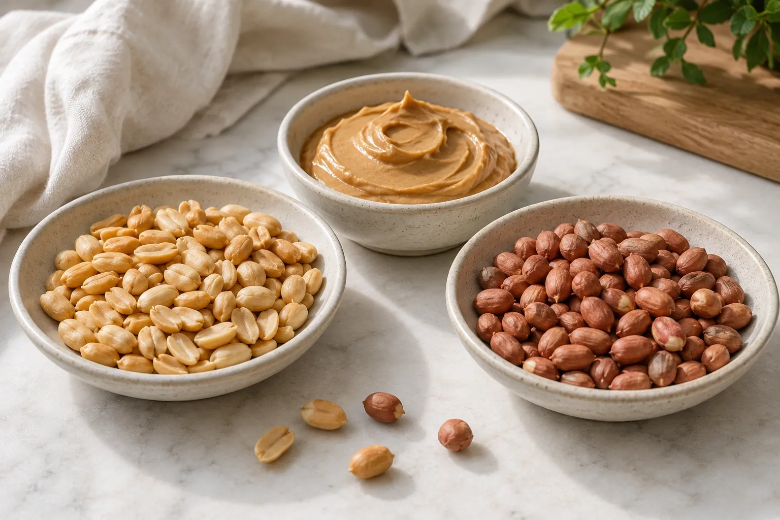 Amendoins em diferentes apresentações simples, incluindo grãos torrados e pasta de amendoim natural.