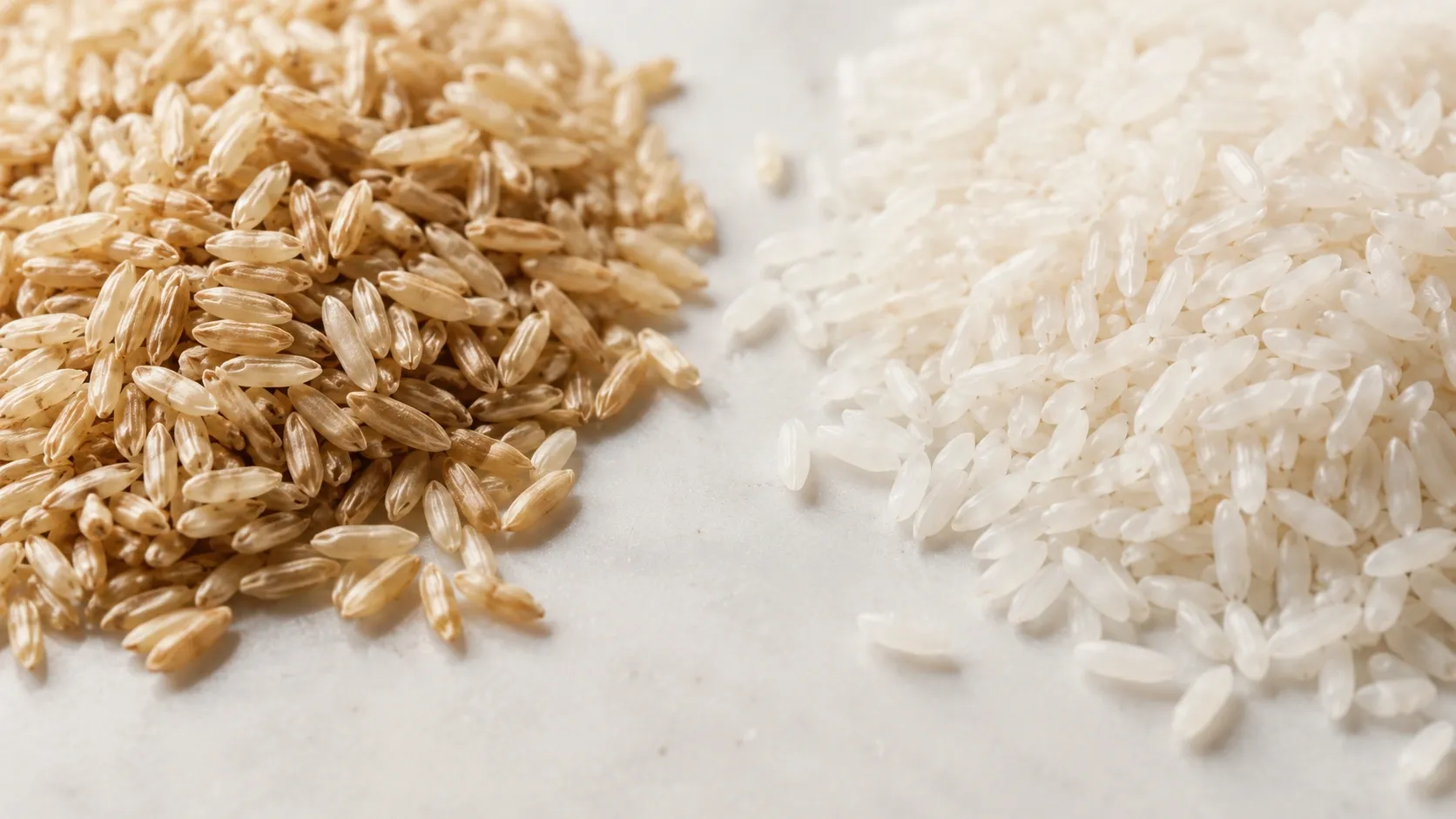 Grãos de arroz integral e arroz branco apresentados lado a lado para comparação de cor e textura.