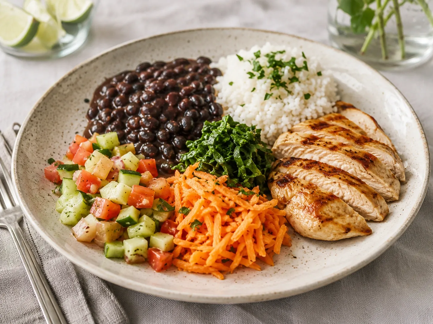 Prato equilibrado com arroz, feijão, vegetais e uma fonte de proteína.