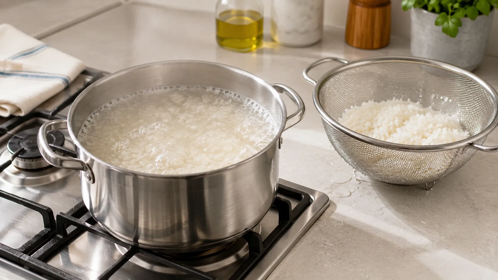 Arroz sendo preparado em bastante água, com um escorredor ao lado da panela.