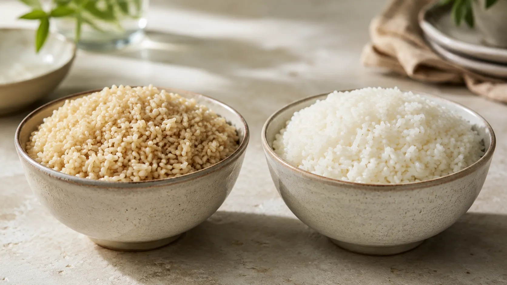 Tigelas de arroz integral e arroz branco lado a lado sobre uma mesa clara.