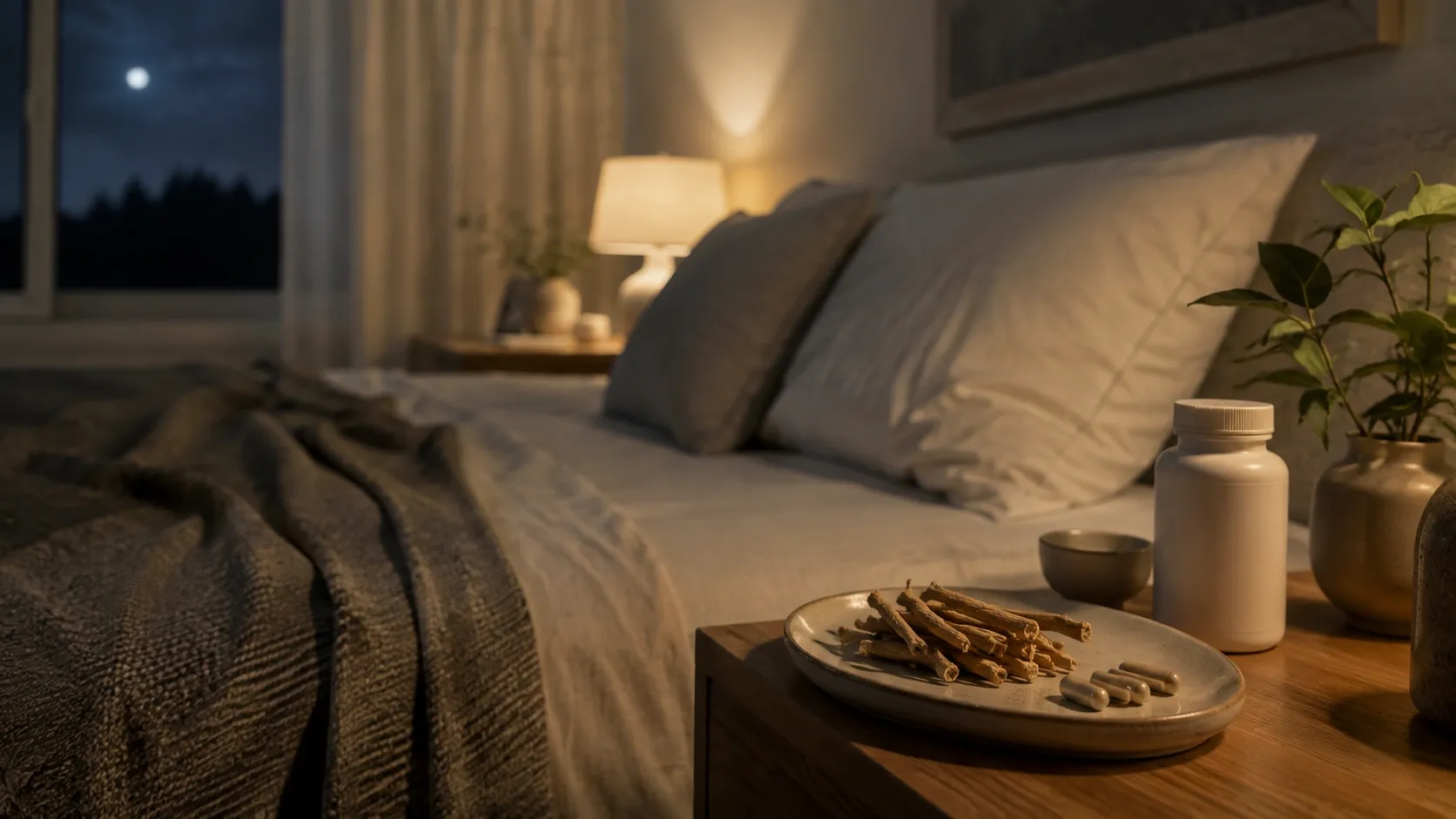 Quarto organizado com iluminação suave e atmosfera noturna associada ao descanso e ao sono.