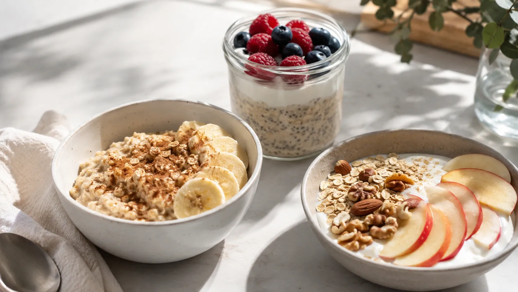 Três formas de consumir aveia: mingau com banana, overnight oats com frutas e iogurte com maçã, aveia e castanhas.