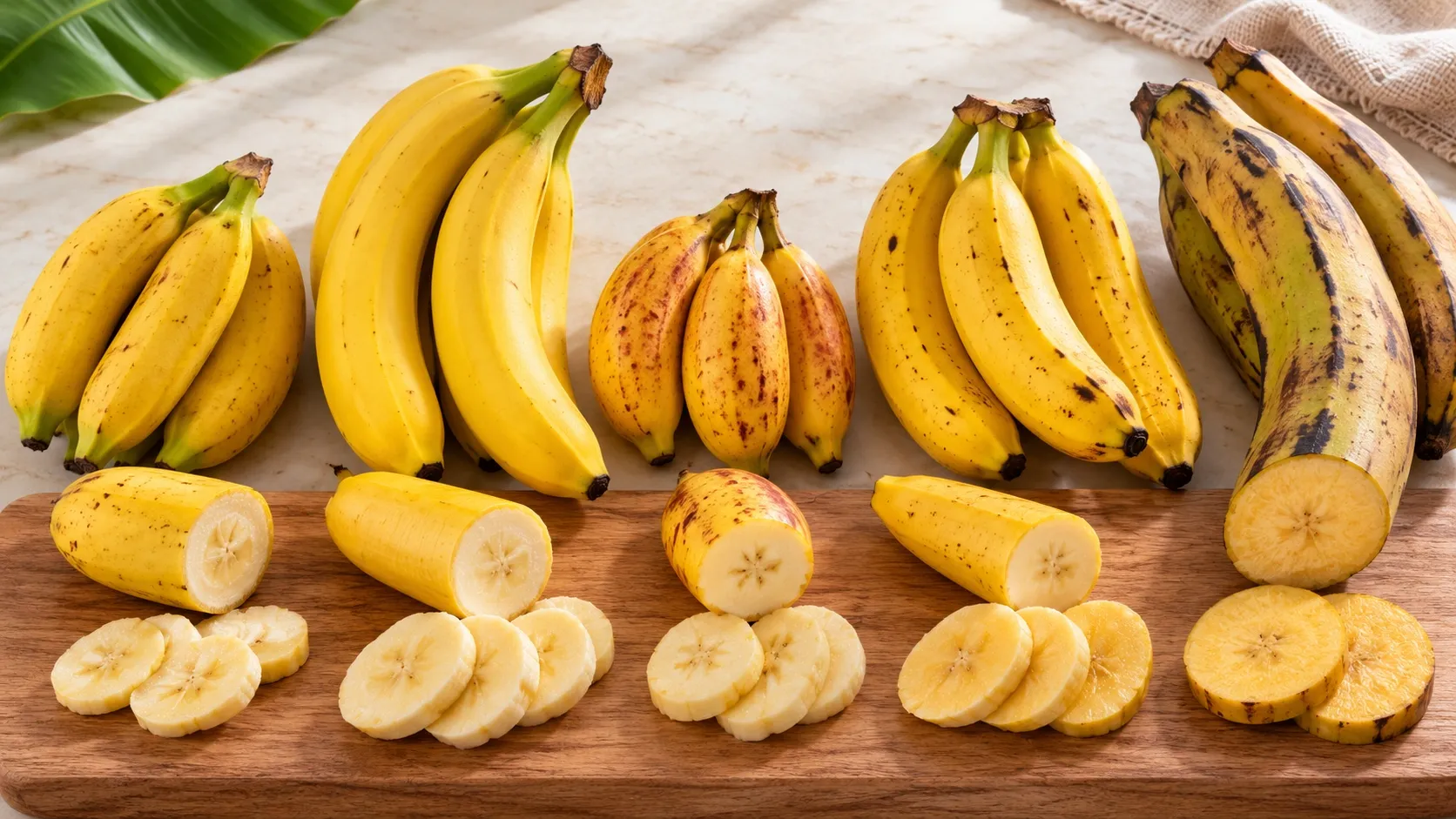Cinco tipos de banana apresentados juntos para comparação visual de tamanho e formato.
