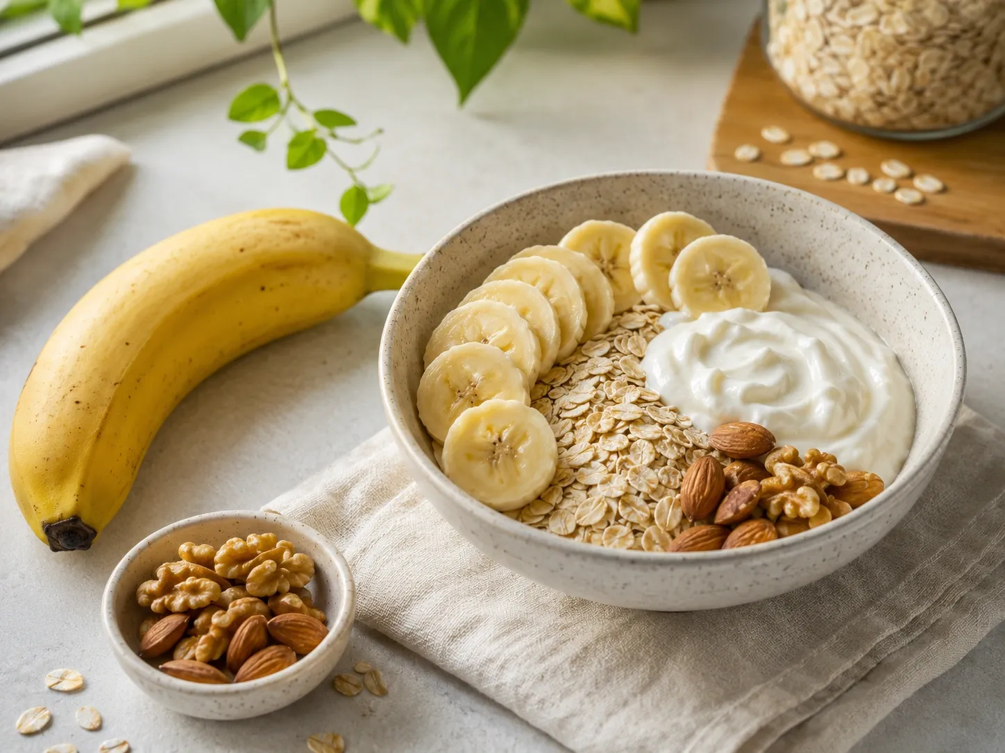 Tigela de iogurte natural, aveia, banana fatiada e oleaginosas em uma mesa iluminada pela luz da manhã.