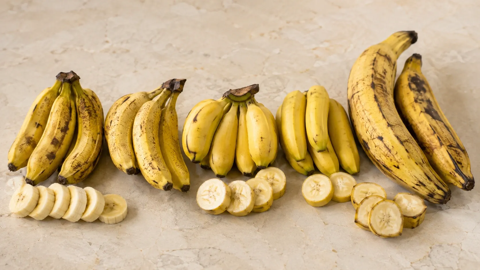 Diferentes tipos de banana dispostos lado a lado sobre uma superfície clara, mostrando variações de tamanho, formato e coloração.