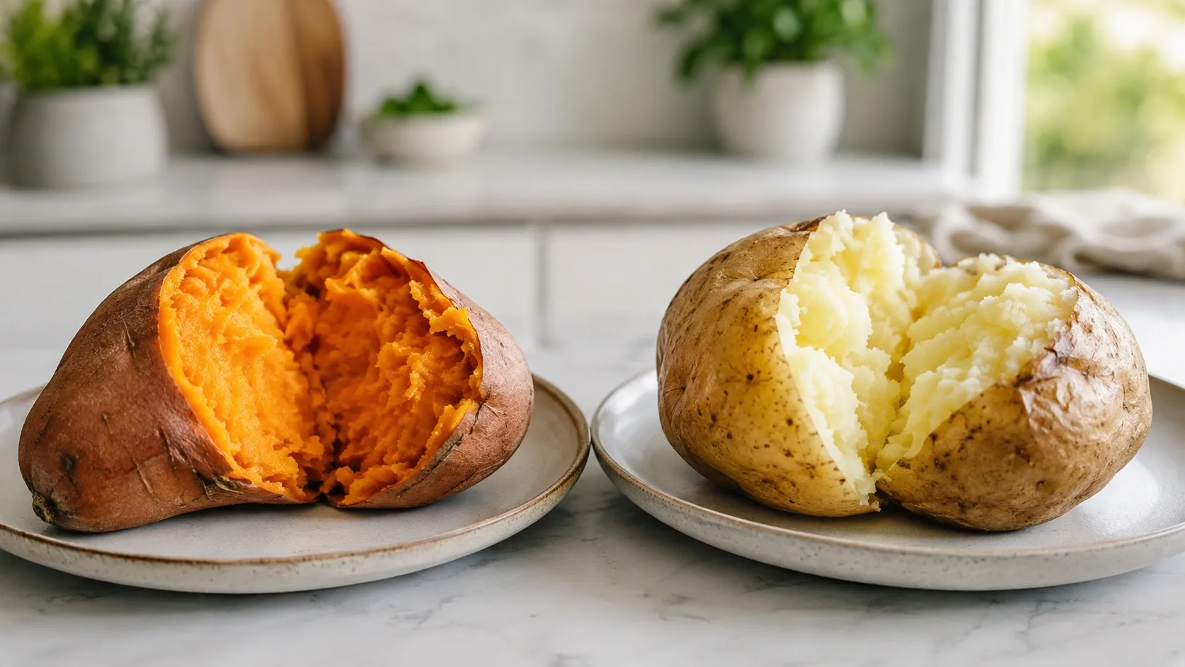 Batata-doce e batata-inglesa assadas e abertas ao meio, mostrando a diferença entre as polpas.