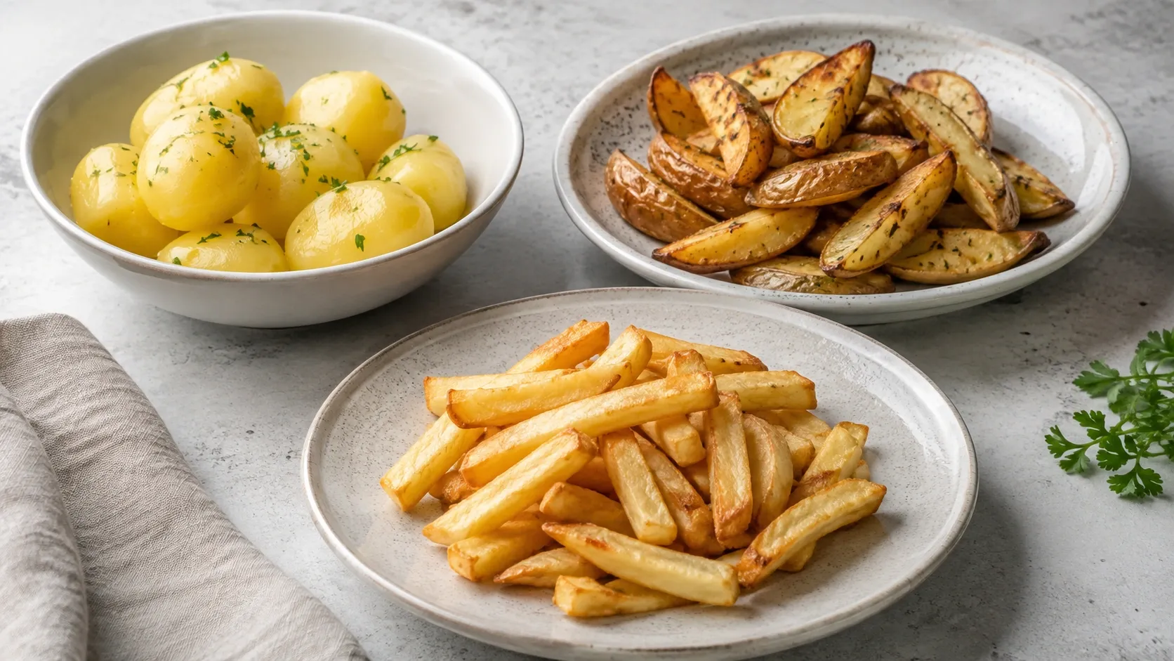 Batatas apresentadas em três preparações: cozidas, assadas e fritas.