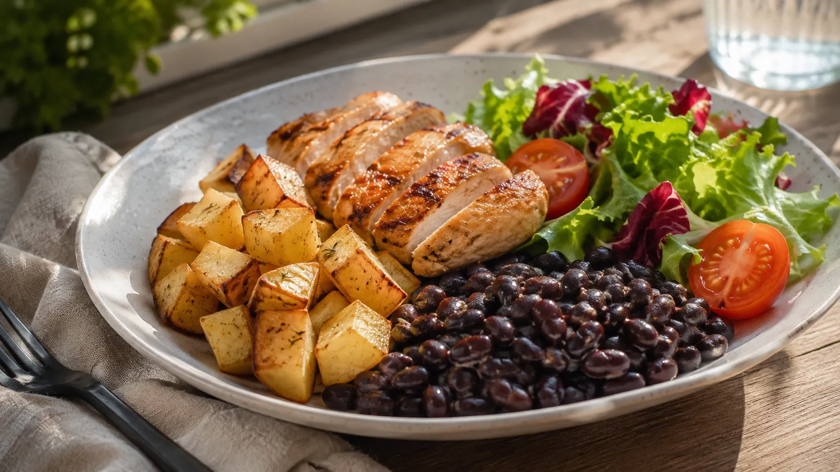 Refeição equilibrada com batata, feijão, vegetais e uma fonte de proteína.