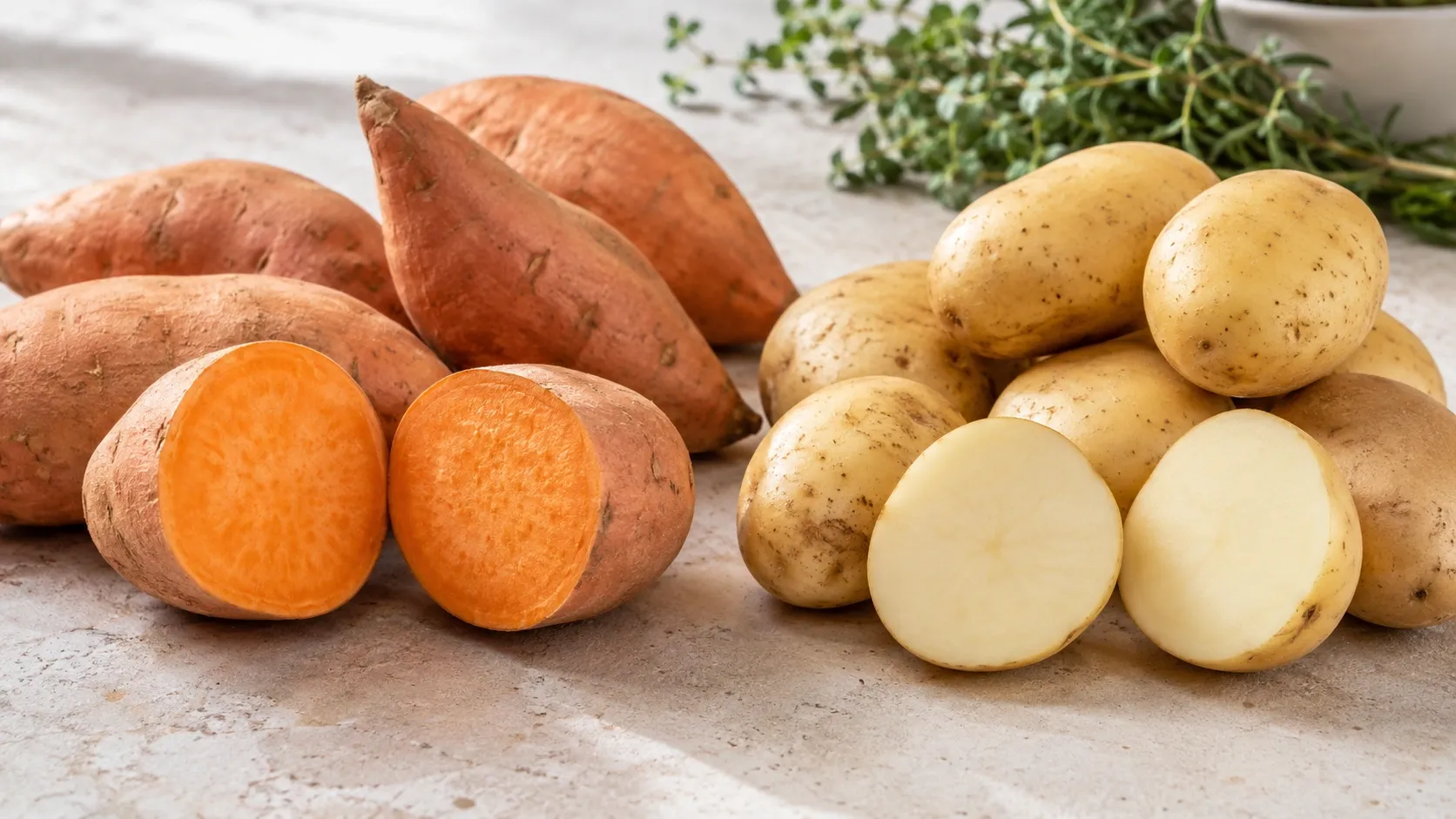 Batata-doce e batata-inglesa lado a lado sobre uma superfície clara, mostrando cores e texturas naturais.