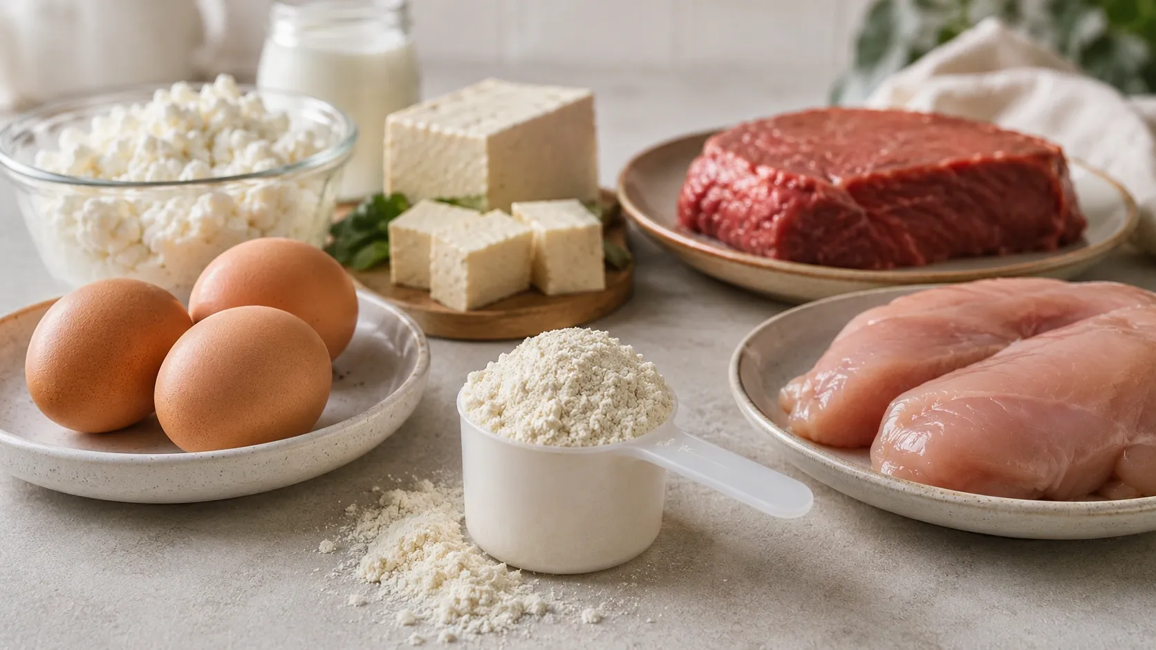BCAA em pó ao lado de diferentes alimentos naturalmente ricos em proteína.
