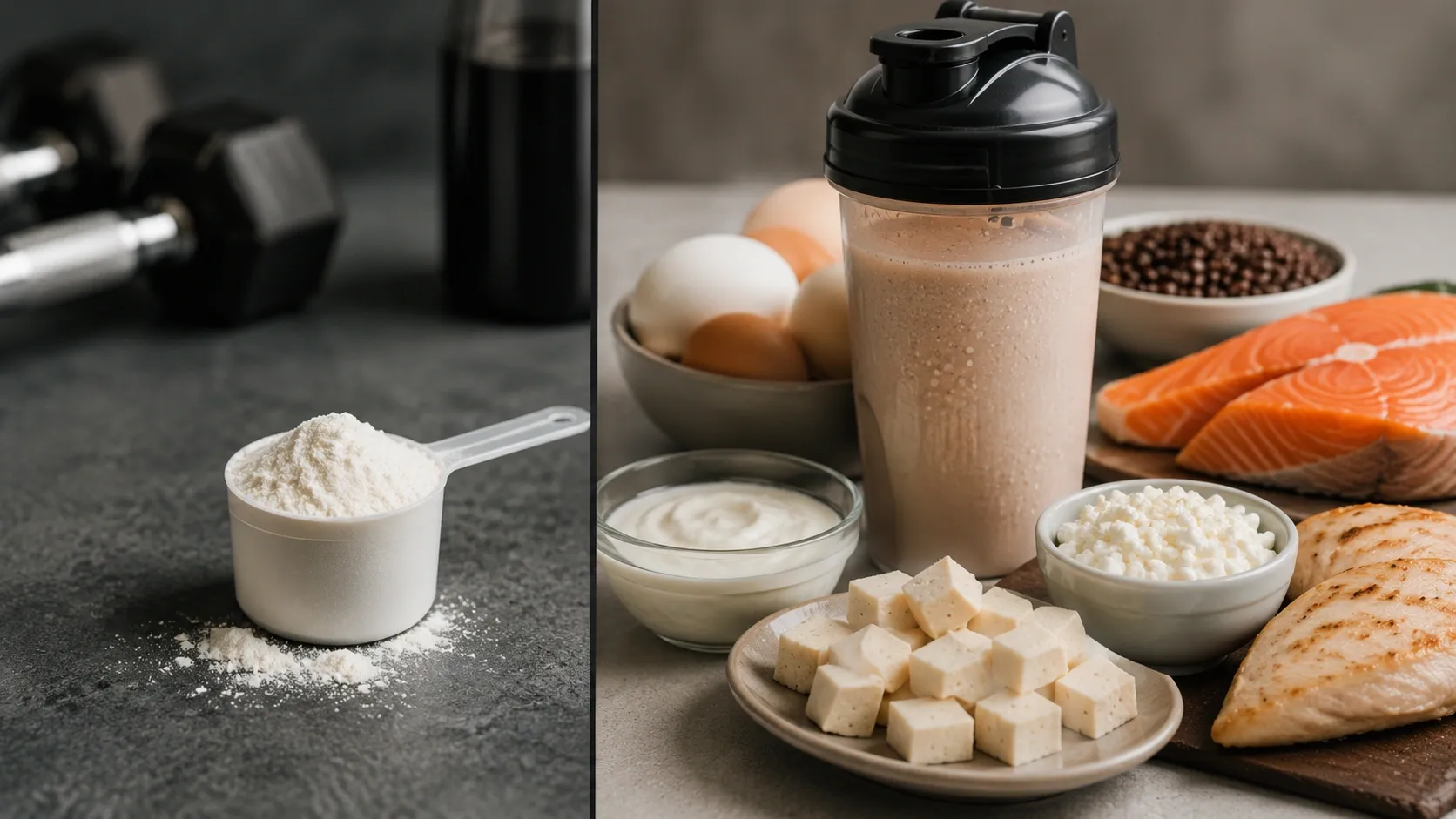 Comparação visual entre BCAA isolado, shake de proteína e fontes alimentares de proteína.