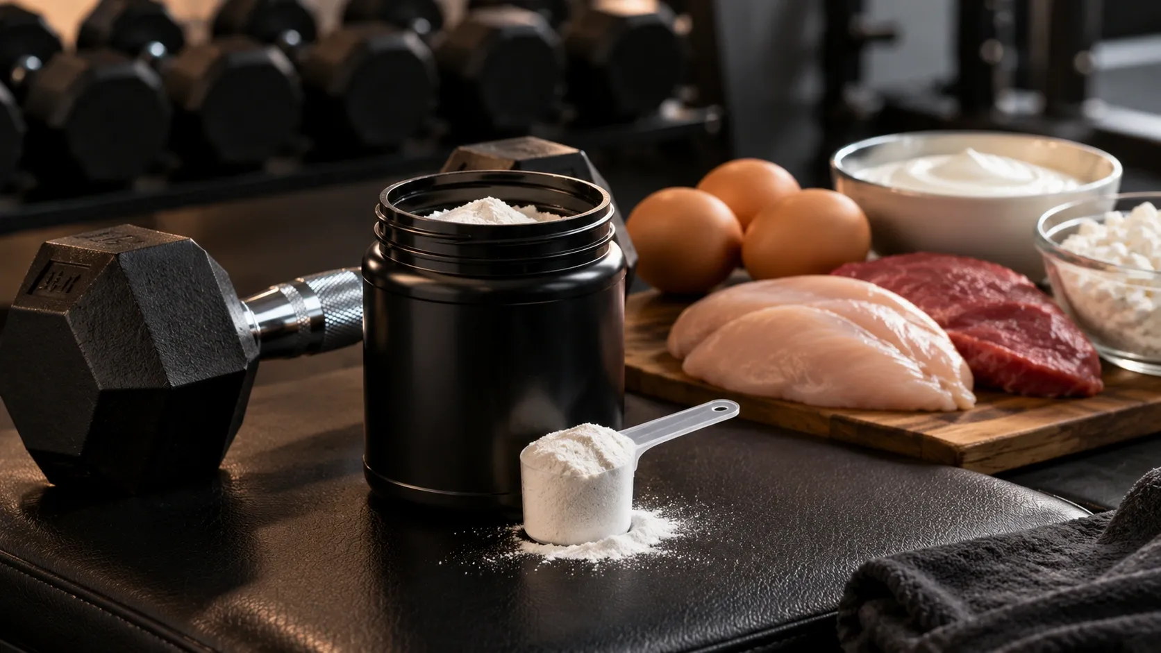 Pote sem marca com BCAA em pó ao lado de halteres e alimentos ricos em proteína em ambiente de academia.