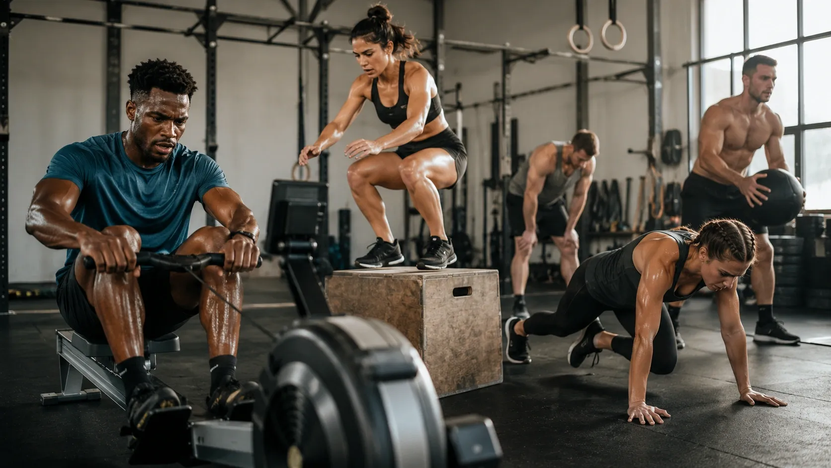 Homens e mulheres treinados realizam exercícios intervalados de alta intensidade em uma academia moderna.