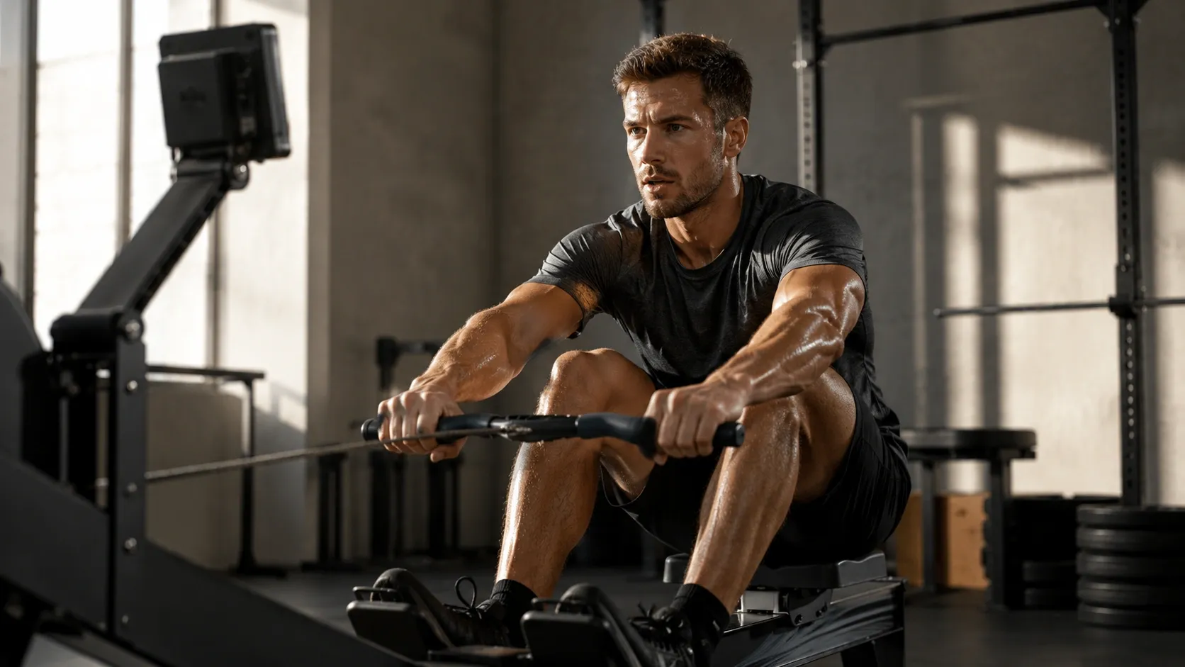 Atleta realizando exercício intenso em ergômetro durante uma sessão de treinamento, em ambiente esportivo moderno e bem iluminado.