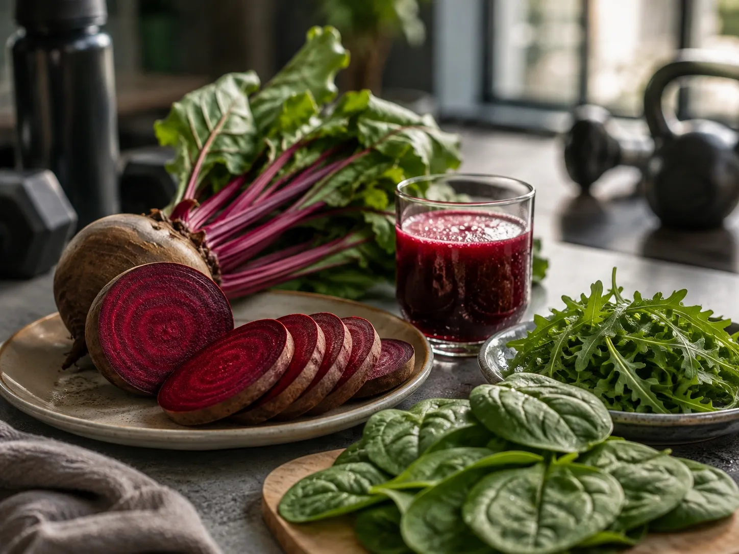 Beterraba, rúcula, espinafre e suco de beterraba representando alimentos naturalmente ricos em nitrato.