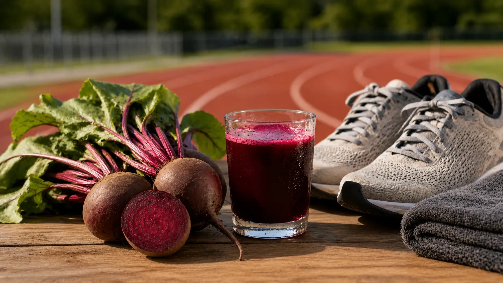 Beterrabas frescas e um copo de suco de beterraba ao lado de acessórios de corrida em ambiente esportivo.