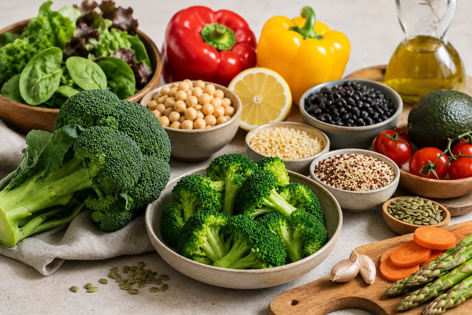 Brócolis servido junto a vegetais, leguminosas e cereais que representam uma alimentação variada.