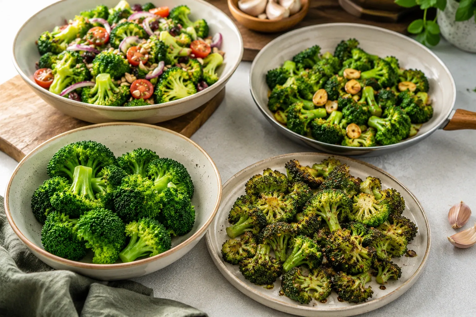 Diferentes preparações de brócolis, incluindo cozido no vapor, assado, refogado e em salada.