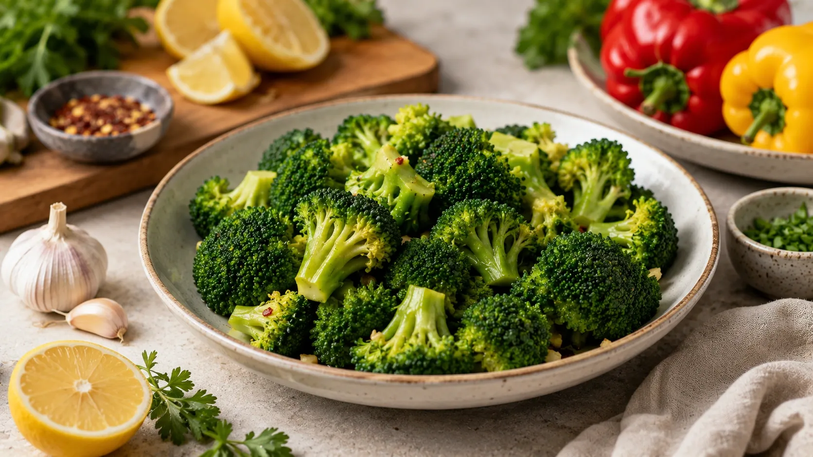 Brócolis fresco e cozido servido em uma composição natural com outros vegetais sobre uma mesa clara.