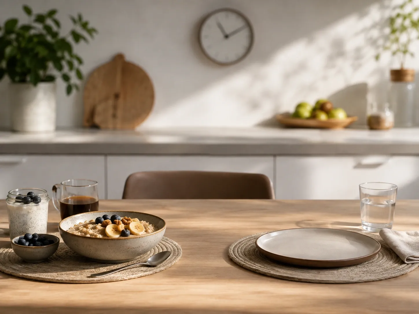 Mesa matinal com uma refeição equilibrada ao lado de um lugar vazio, representando diferentes escolhas de horário para comer.