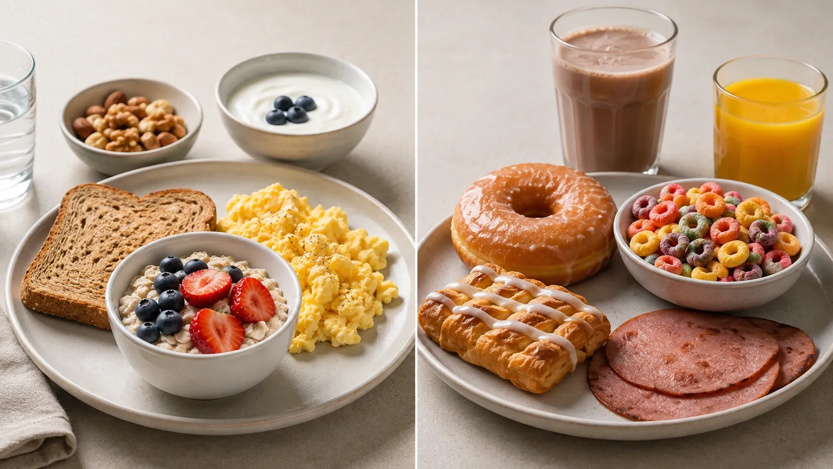Comparação visual entre um café da manhã com alimentos integrais e frutas e outro baseado em opções mais refinadas e açucaradas.