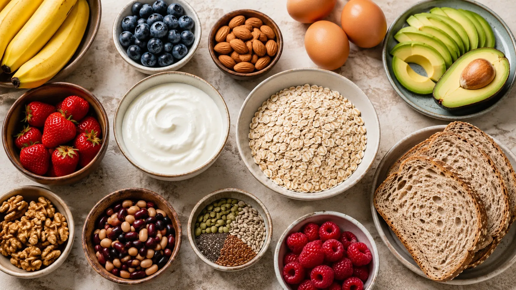 Frutas, aveia, ovos, pão integral, iogurte, feijão, abacate, castanhas e sementes organizados como opções para um café da manhã nutritivo.