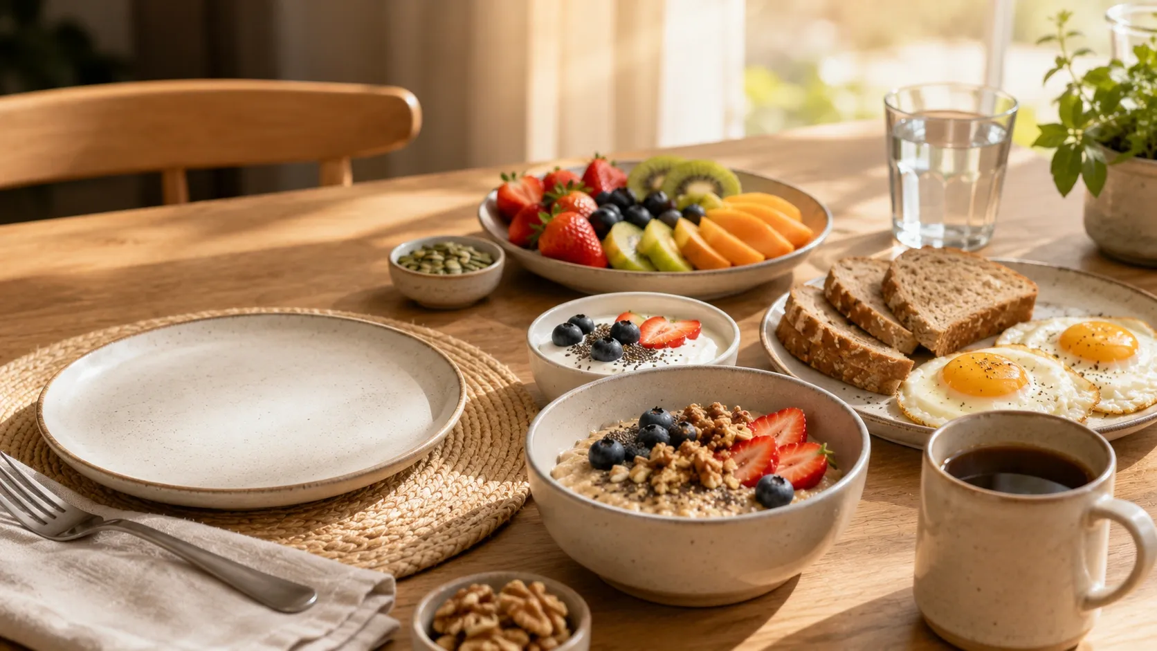 Mesa de café da manhã equilibrado com frutas, aveia, pão integral, ovos, iogurte e oleaginosas em ambiente iluminado naturalmente.