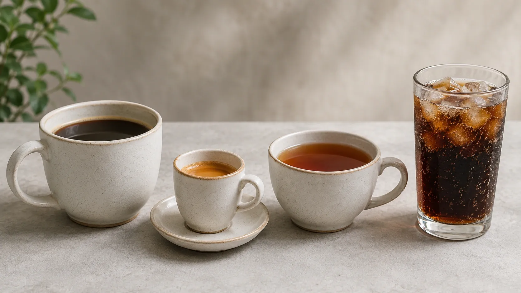 Diferentes bebidas com cafeína apresentadas em porções variadas sobre uma mesa clara.