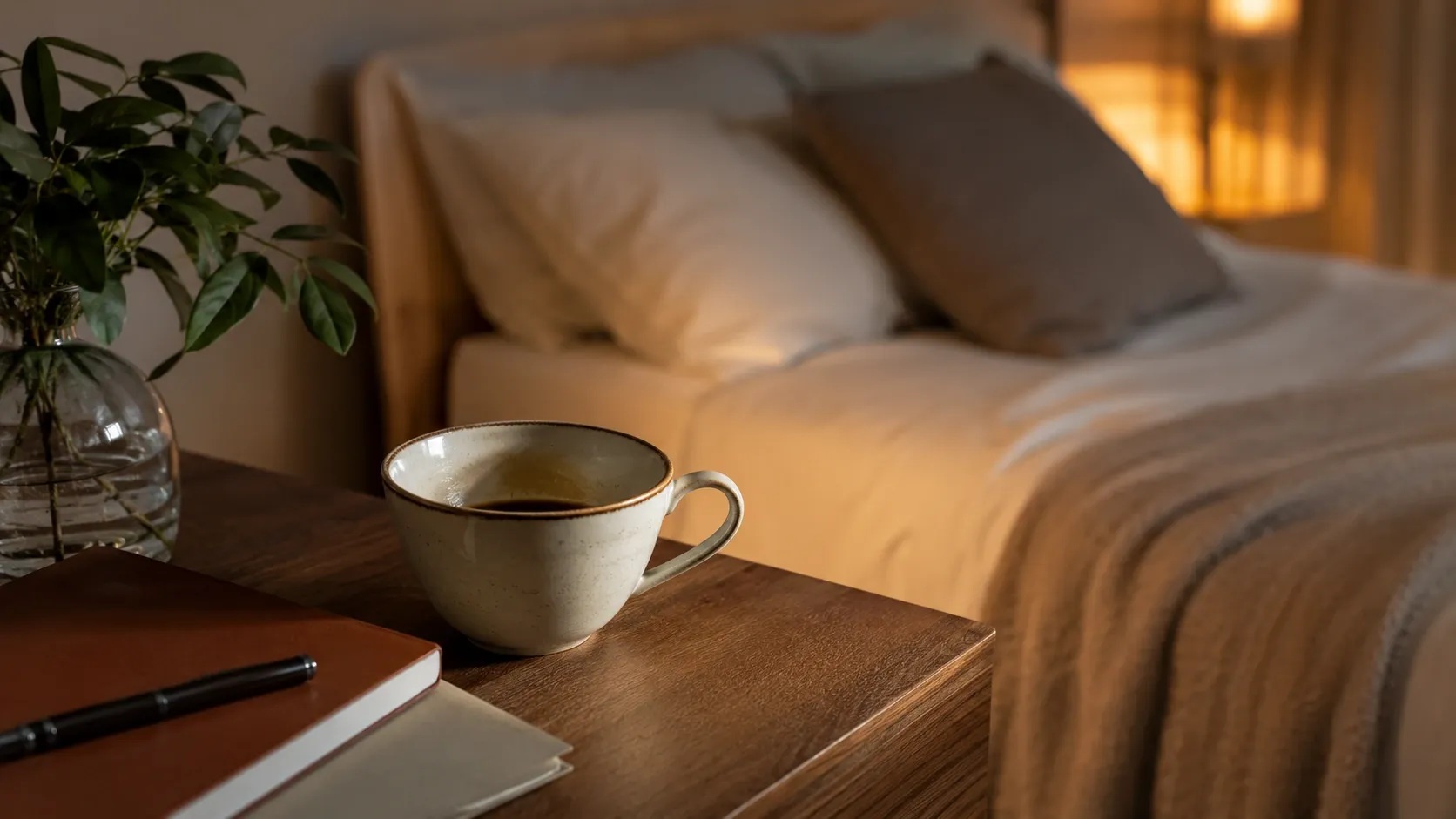 Xícara de café no fim da tarde com uma cama desfocada ao fundo, representando a relação entre cafeína e sono.