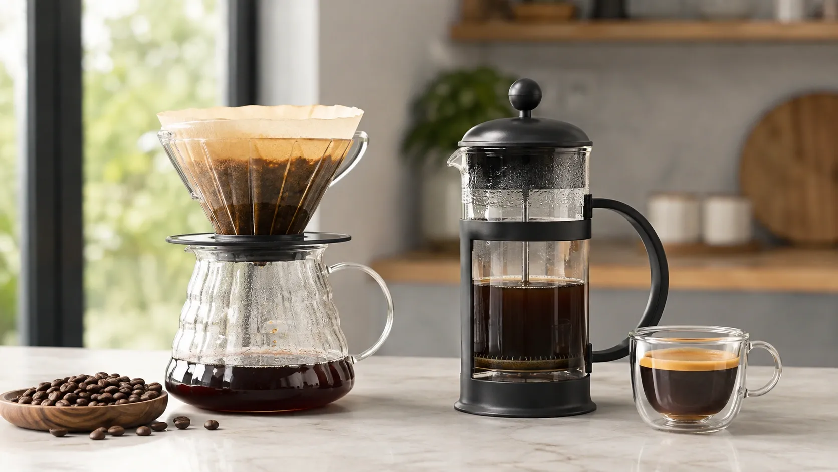Comparação visual entre café filtrado em papel, prensa francesa e espresso.