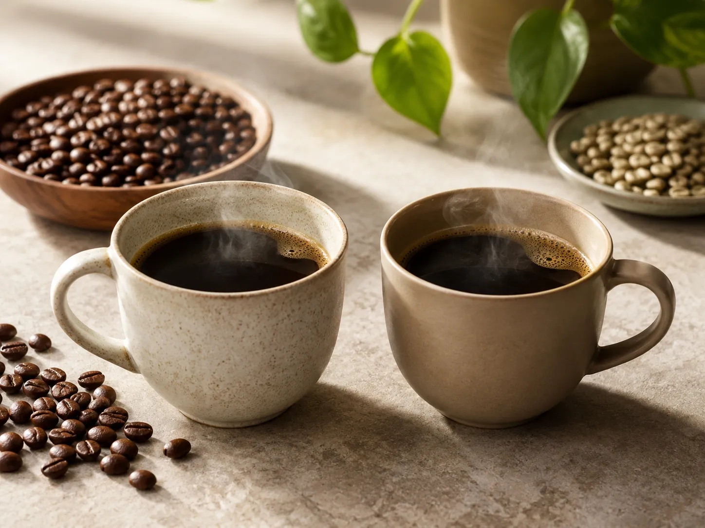 Duas xícaras de café lado a lado representando as versões convencional e descafeinada.