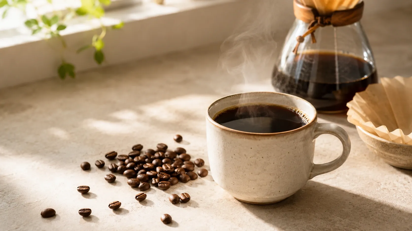 Xícara de café filtrado ao lado de grãos torrados em composição editorial limpa, com luz natural.