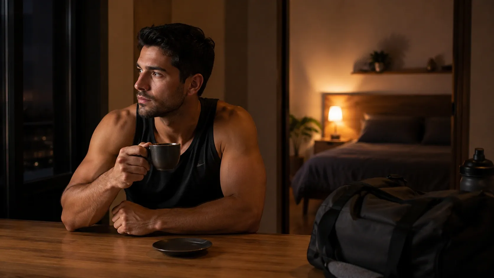 Pessoa após um treino noturno ao lado de uma xícara de café, em ambiente com iluminação baixa.