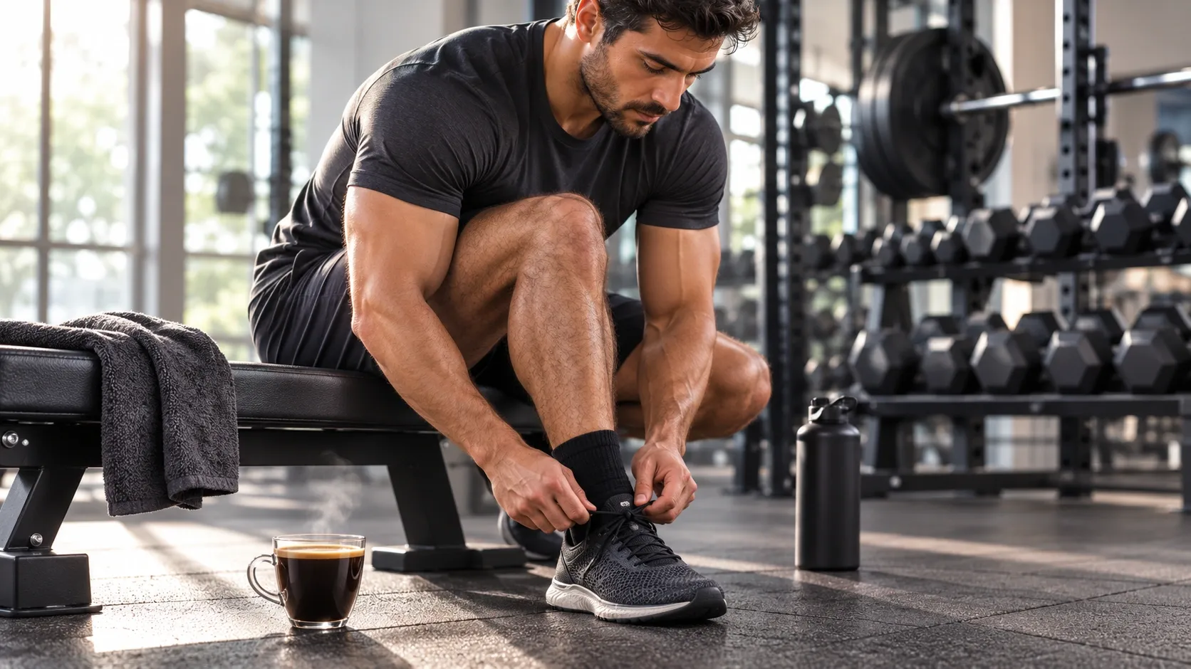 Pessoa se preparando para treinar em uma academia, com uma xícara de café próxima aos equipamentos.