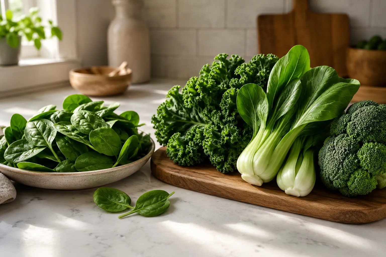 Espinafre, couve, bok choy e brócolis apresentados lado a lado como diferentes verduras que contêm cálcio.