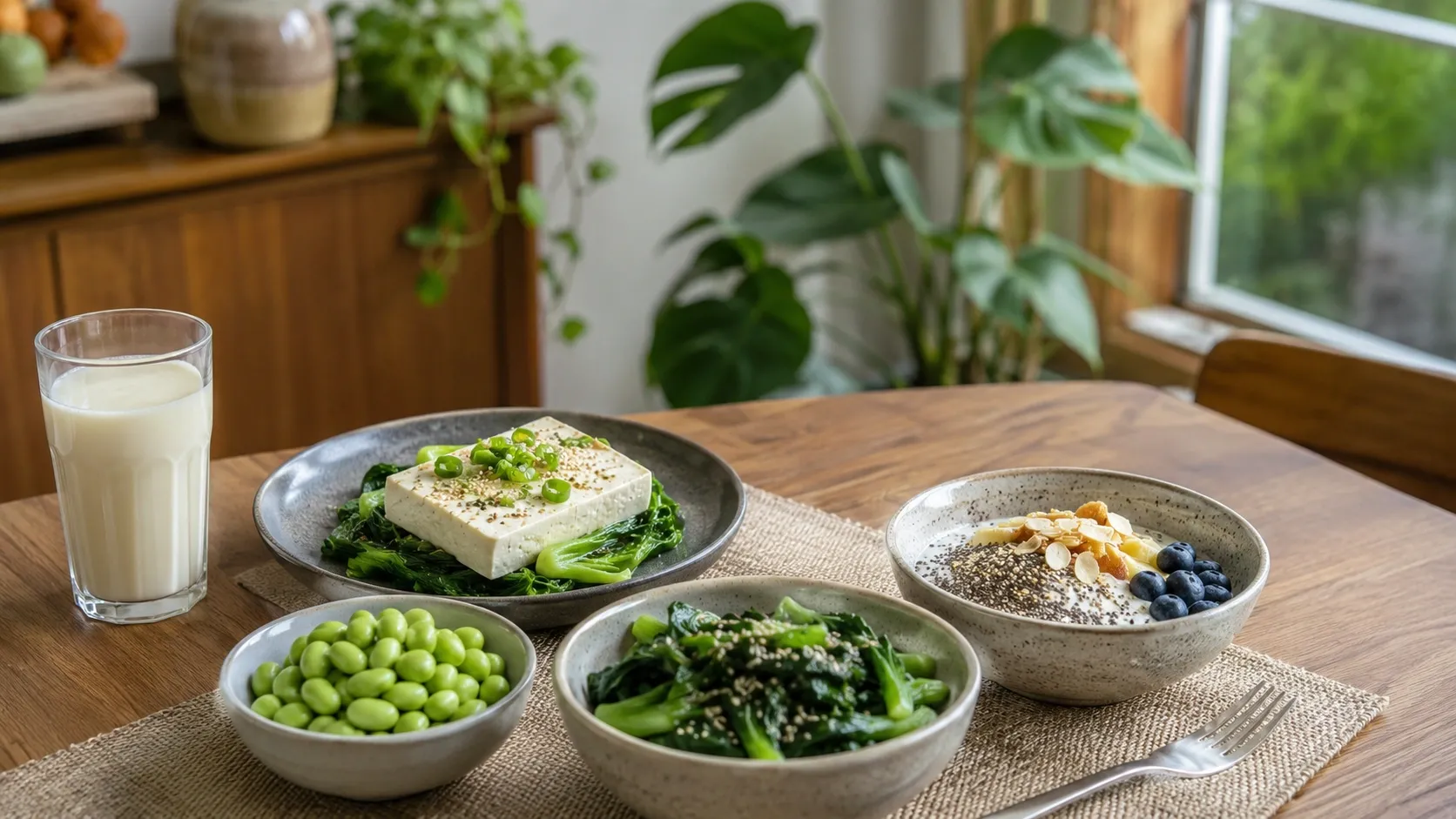 Refeição sem laticínios com tofu, verduras, soja, chia e bebida vegetal fortificada.